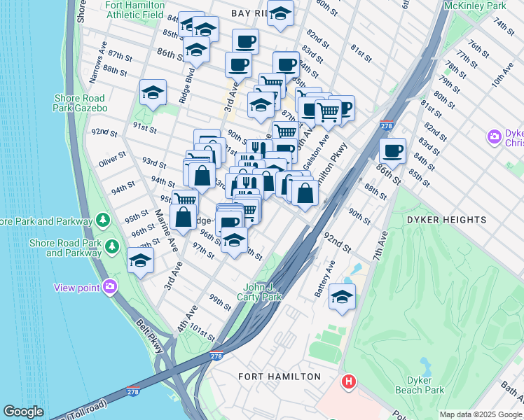 map of restaurants, bars, coffee shops, grocery stores, and more near 9229 5th Avenue in Brooklyn