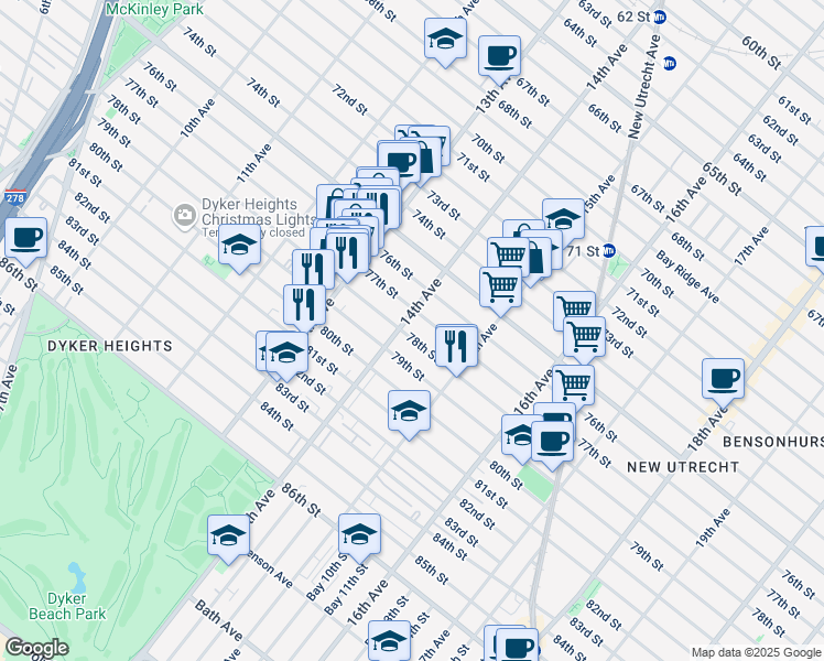 map of restaurants, bars, coffee shops, grocery stores, and more near 7803 14th Avenue in Brooklyn