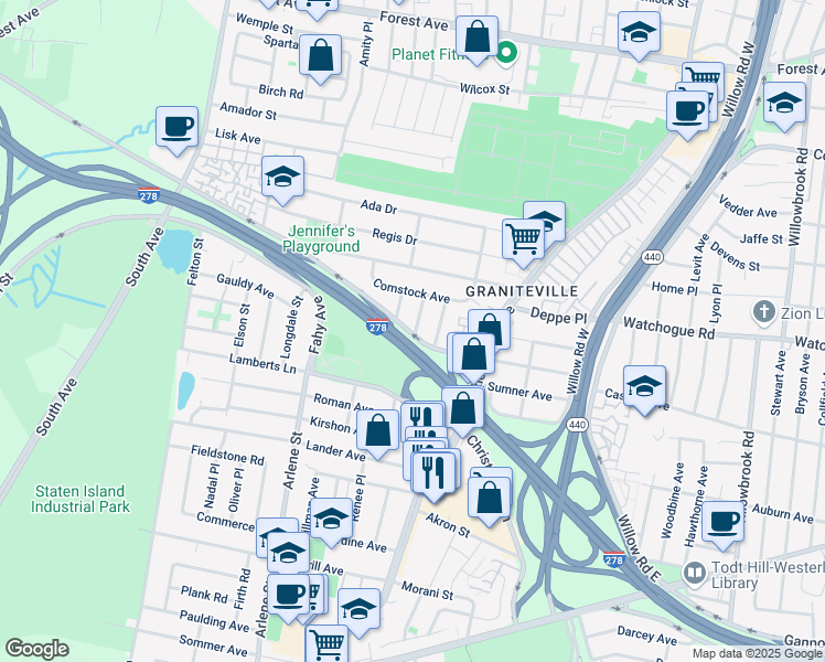 map of restaurants, bars, coffee shops, grocery stores, and more near 731 Goethals Road North in Staten Island