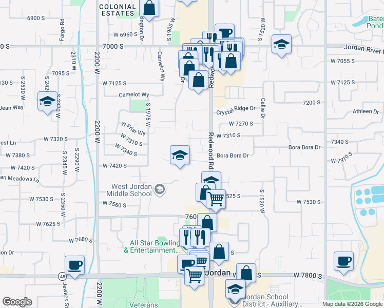 map of restaurants, bars, coffee shops, grocery stores, and more near 7410 South Redwood Road in West Jordan
