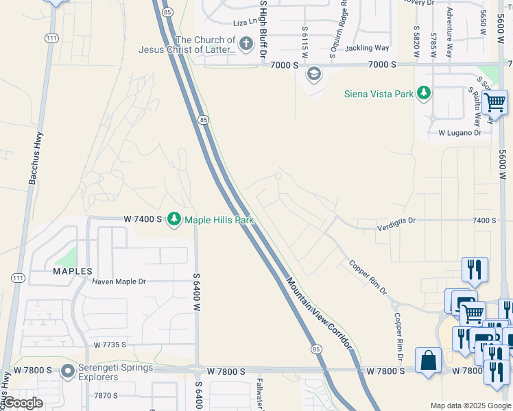 map of restaurants, bars, coffee shops, grocery stores, and more near 7368 South Travertine Road in West Jordan