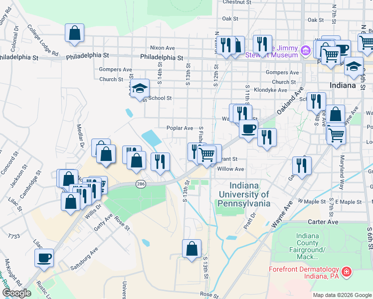map of restaurants, bars, coffee shops, grocery stores, and more near 475 S 13th St in Indiana