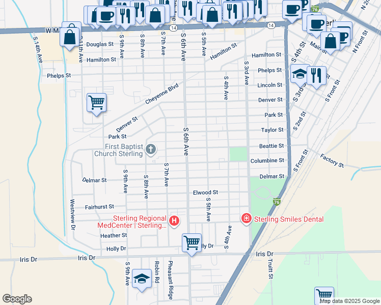 map of restaurants, bars, coffee shops, grocery stores, and more near 524 Columbine Street in Sterling