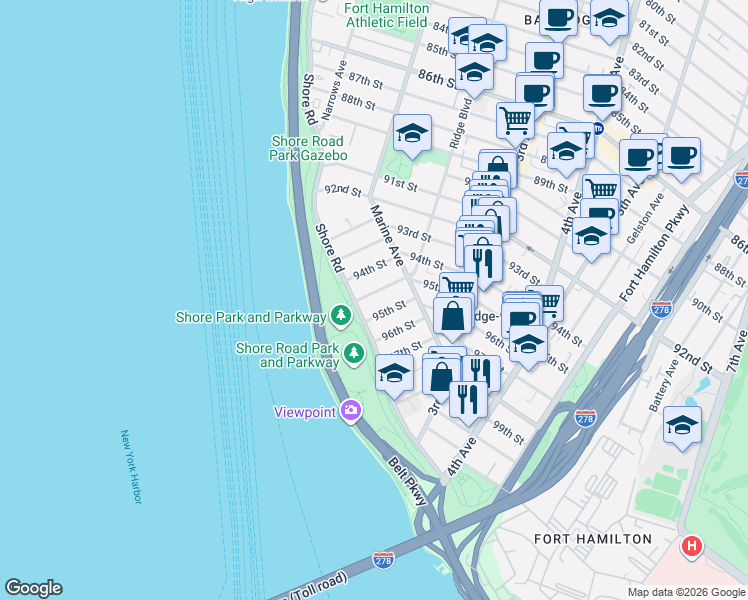 map of restaurants, bars, coffee shops, grocery stores, and more near 9483 Ridge Boulevard in Brooklyn