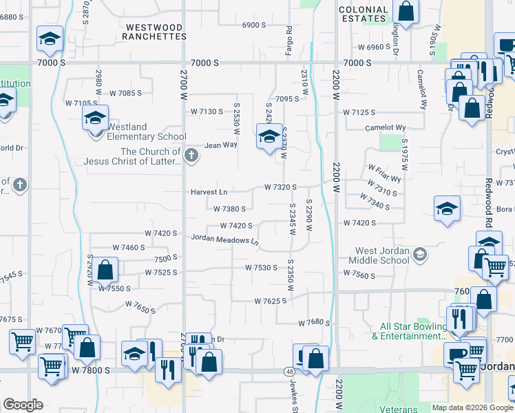 map of restaurants, bars, coffee shops, grocery stores, and more near 7367 South 2480 West in West Jordan