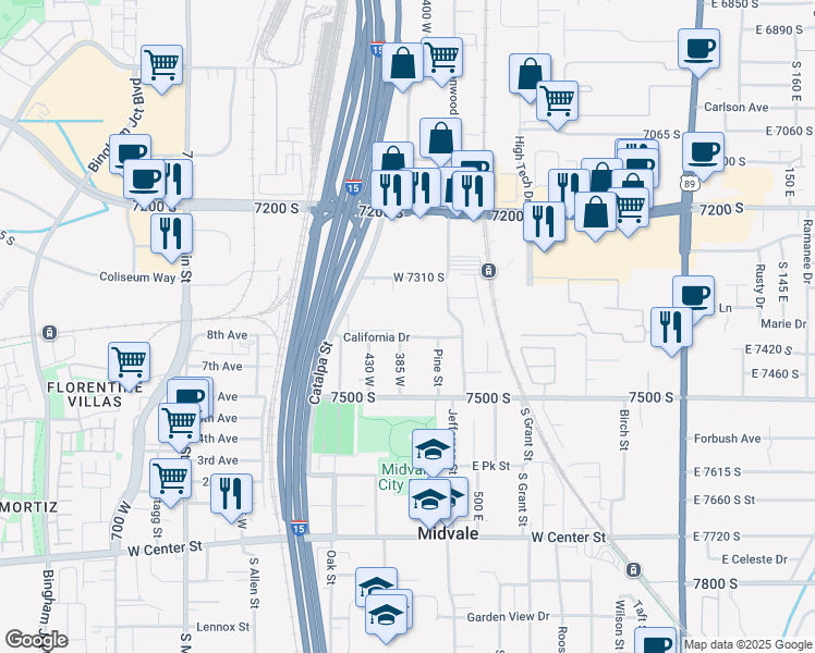 map of restaurants, bars, coffee shops, grocery stores, and more near 7362 South Wood Lily Court in Midvale