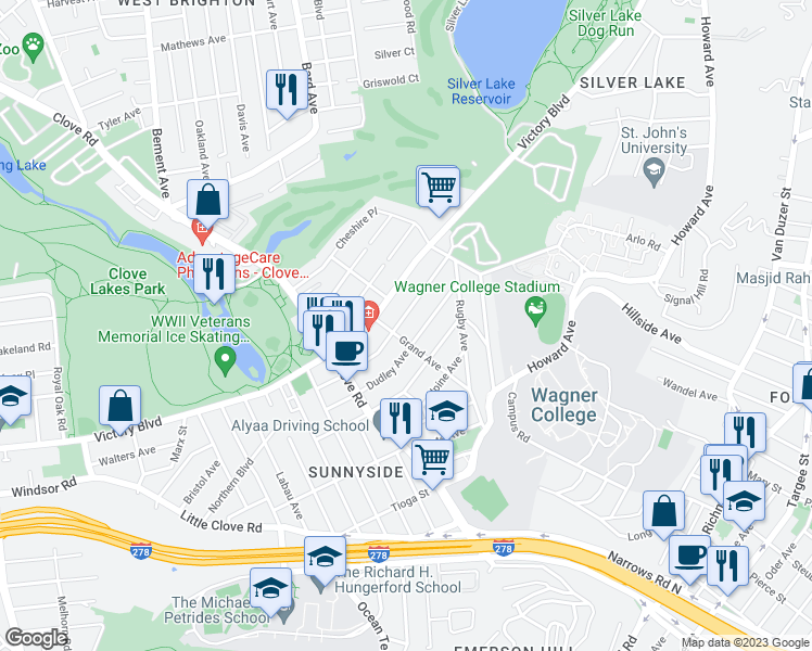map of restaurants, bars, coffee shops, grocery stores, and more near 72 Dudley Avenue in Staten Island