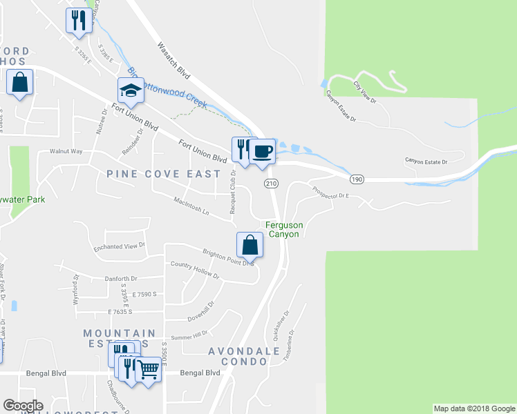 map of restaurants, bars, coffee shops, grocery stores, and more near 7371 Canyon Centre Pkwy in Cottonwood Heights
