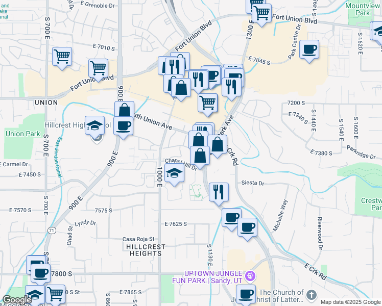map of restaurants, bars, coffee shops, grocery stores, and more near 7400 Union Park Avenue in Midvale