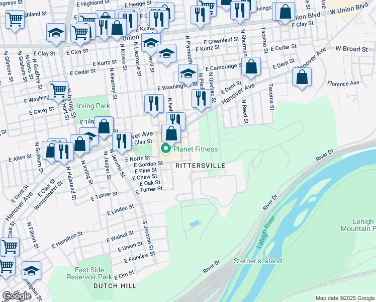 map of restaurants, bars, coffee shops, grocery stores, and more near 420 North Oswego Street in Allentown