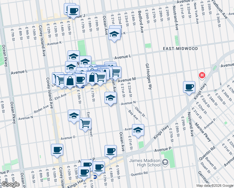 map of restaurants, bars, coffee shops, grocery stores, and more near 1825 Ocean Avenue in Brooklyn