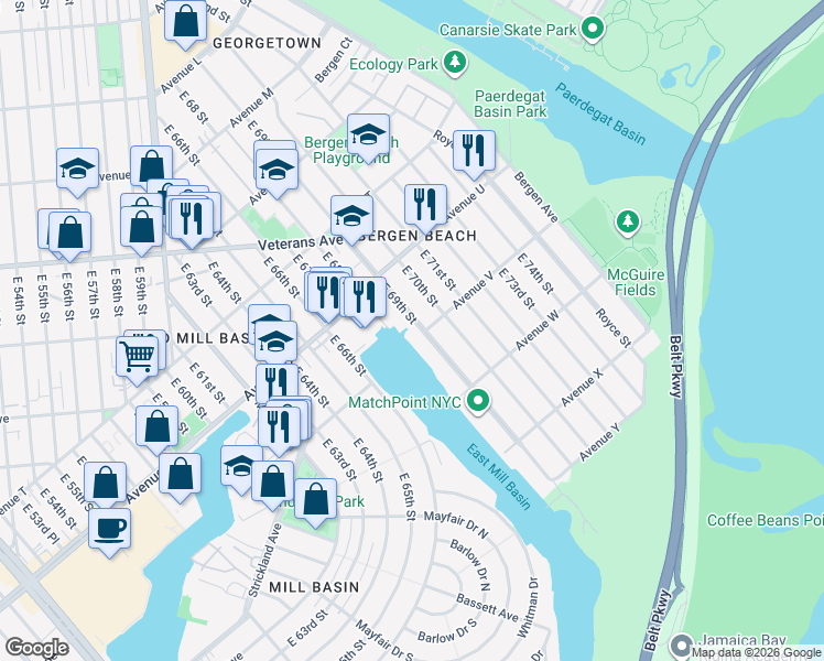 map of restaurants, bars, coffee shops, grocery stores, and more near 6807 Avenue V in Brooklyn