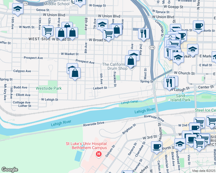 map of restaurants, bars, coffee shops, grocery stores, and more near 630 Leibert Street in Bethlehem