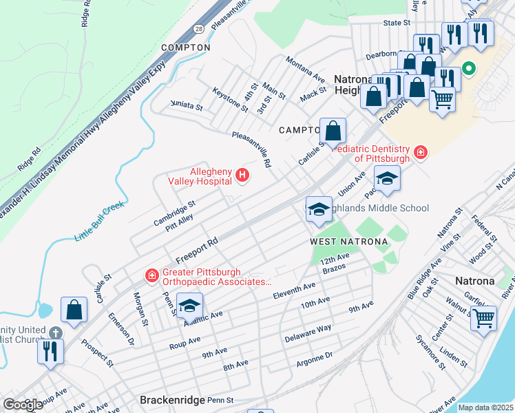 map of restaurants, bars, coffee shops, grocery stores, and more near 1311 Warner Alley in Natrona Heights