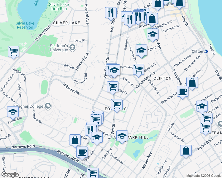 map of restaurants, bars, coffee shops, grocery stores, and more near 41 Roff Street in Staten Island