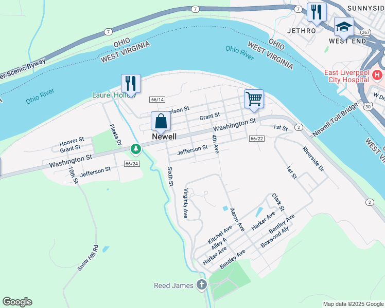 map of restaurants, bars, coffee shops, grocery stores, and more near Lincoln Ave in Newell