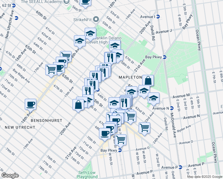map of restaurants, bars, coffee shops, grocery stores, and more near 2054 62nd Street in Brooklyn