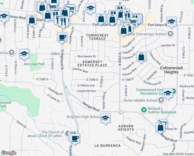map of restaurants, bars, coffee shops, grocery stores, and more near 2194 Lonsdale Drive in Cottonwood Heights