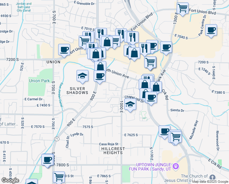 map of restaurants, bars, coffee shops, grocery stores, and more near 963 Taliesen Cove in Midvale