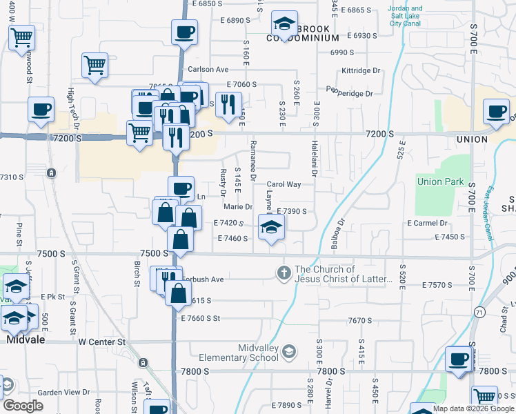 map of restaurants, bars, coffee shops, grocery stores, and more near 7400 Layne Drive in Midvale