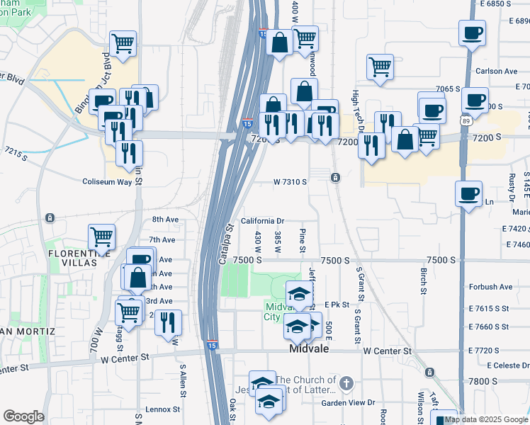 map of restaurants, bars, coffee shops, grocery stores, and more near 7395 430 West in Midvale