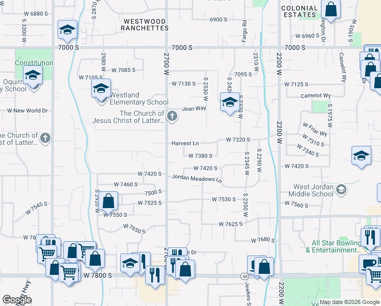 map of restaurants, bars, coffee shops, grocery stores, and more near 2577 West 7380 South in West Jordan