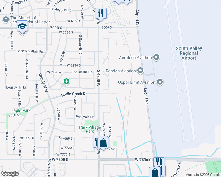map of restaurants, bars, coffee shops, grocery stores, and more near 7389 Brittany Town Drive in West Jordan
