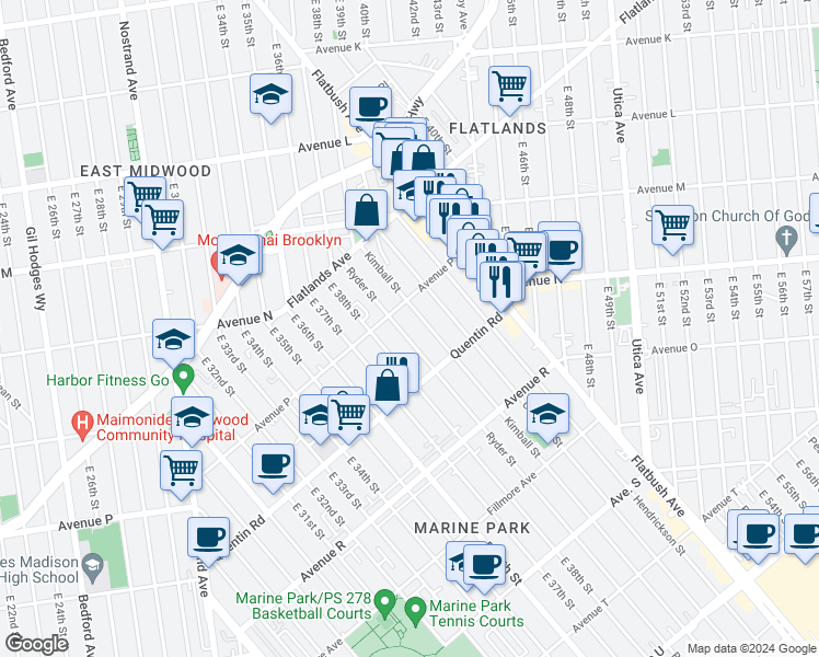 map of restaurants, bars, coffee shops, grocery stores, and more near 1648 Kimball Street in Brooklyn