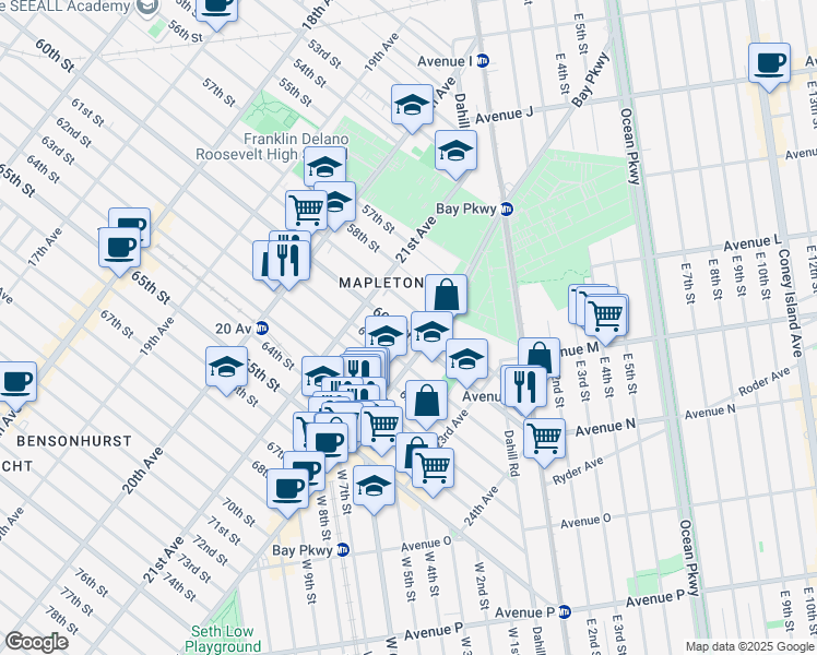 map of restaurants, bars, coffee shops, grocery stores, and more near 5920 Bay Parkway in Brooklyn