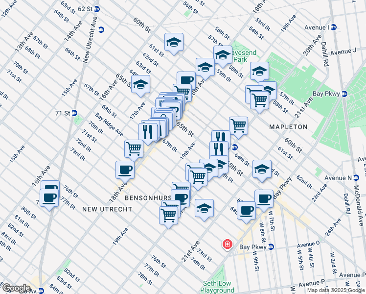 map of restaurants, bars, coffee shops, grocery stores, and more near 6612 19th Avenue in Brooklyn