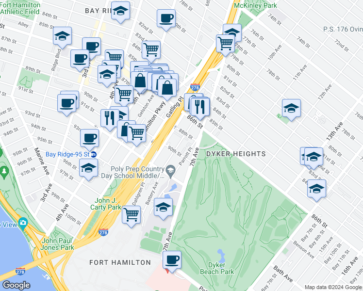 map of restaurants, bars, coffee shops, grocery stores, and more near 641 90th Street in Brooklyn