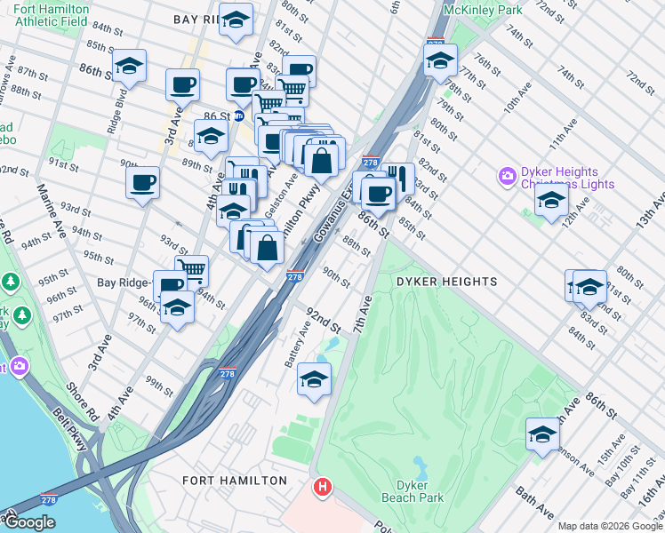 map of restaurants, bars, coffee shops, grocery stores, and more near 641 90th Street in Brooklyn