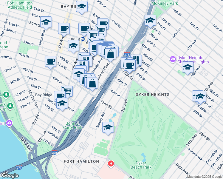 map of restaurants, bars, coffee shops, grocery stores, and more near 641 90th Street in Brooklyn