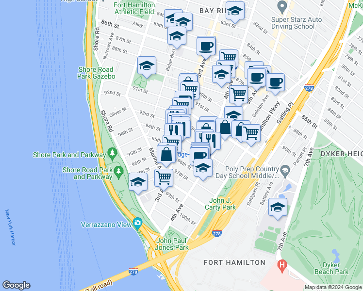 map of restaurants, bars, coffee shops, grocery stores, and more near 329 95th Street in Brooklyn