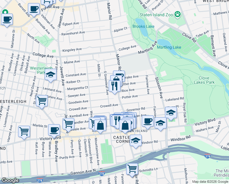 map of restaurants, bars, coffee shops, grocery stores, and more near 436 Manor Road in Staten Island