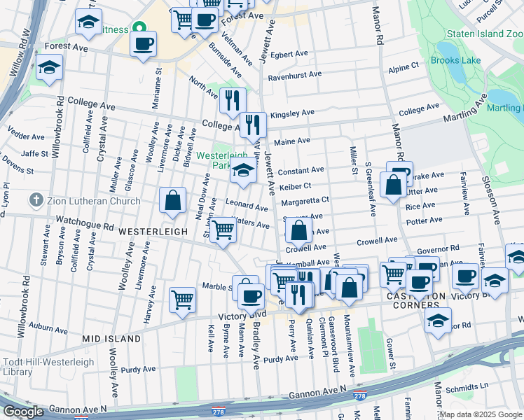 map of restaurants, bars, coffee shops, grocery stores, and more near 808 Jewett Avenue in Staten Island