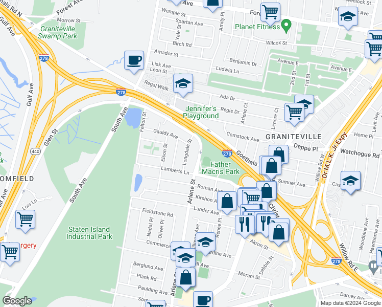 map of restaurants, bars, coffee shops, grocery stores, and more near 60 Longdale Street in Staten Island