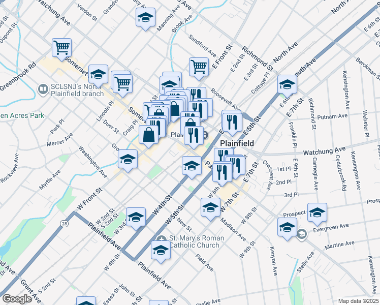 map of restaurants, bars, coffee shops, grocery stores, and more near 320 Park Avenue in Plainfield