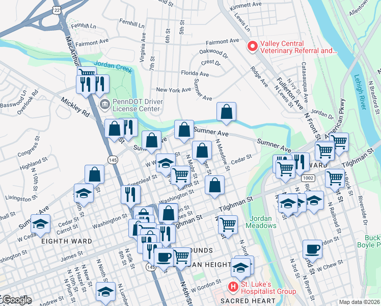 map of restaurants, bars, coffee shops, grocery stores, and more near 914 North Mohr Street in Allentown