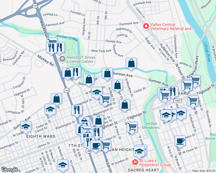 map of restaurants, bars, coffee shops, grocery stores, and more near 914 North Mohr Street in Allentown