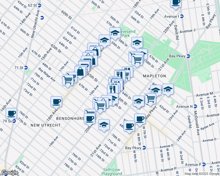map of restaurants, bars, coffee shops, grocery stores, and more near 1967 65th Street in Brooklyn