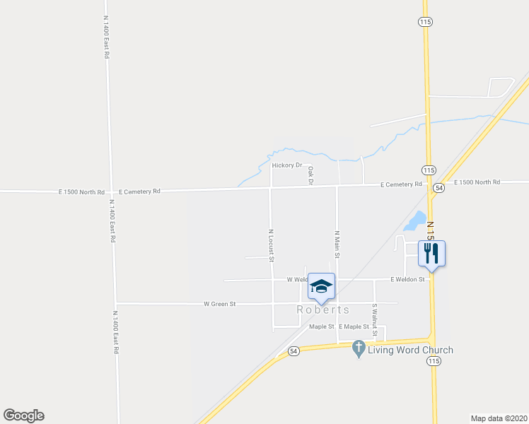 map of restaurants, bars, coffee shops, grocery stores, and more near 313 North Locust Street in Roberts