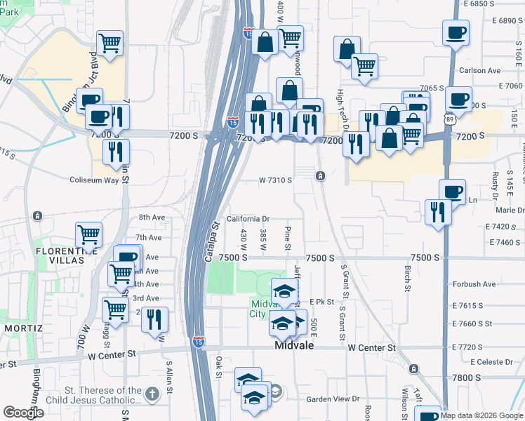 map of restaurants, bars, coffee shops, grocery stores, and more near 150 West 7500 South in Midvale