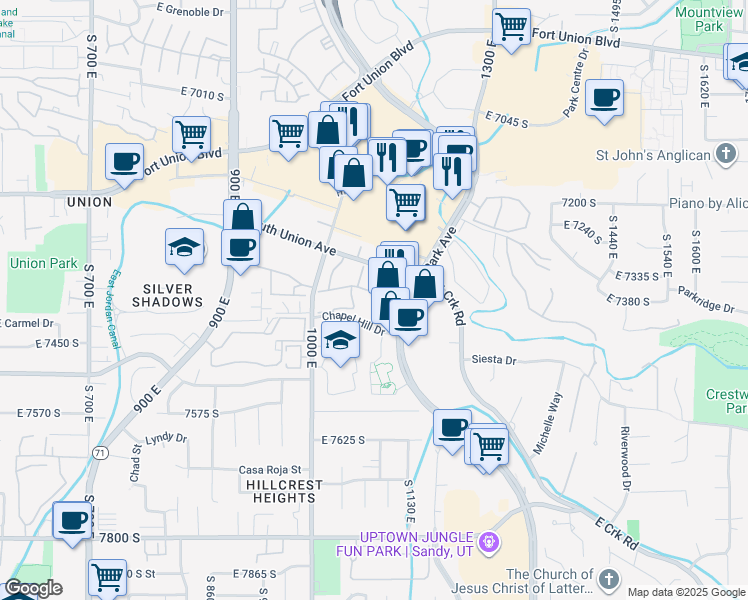 map of restaurants, bars, coffee shops, grocery stores, and more near 7400 Union Park Avenue in Midvale