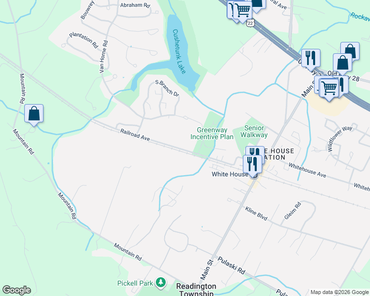 map of restaurants, bars, coffee shops, grocery stores, and more near 33 Railroad Avenue in Readington Township