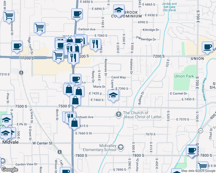 map of restaurants, bars, coffee shops, grocery stores, and more near 7400 Layne Drive in Midvale