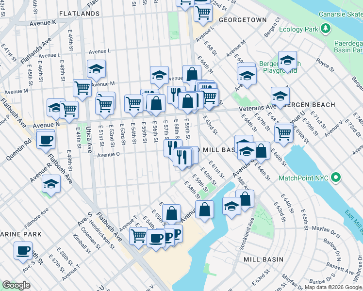 map of restaurants, bars, coffee shops, grocery stores, and more near 5812 Avenue O in Brooklyn
