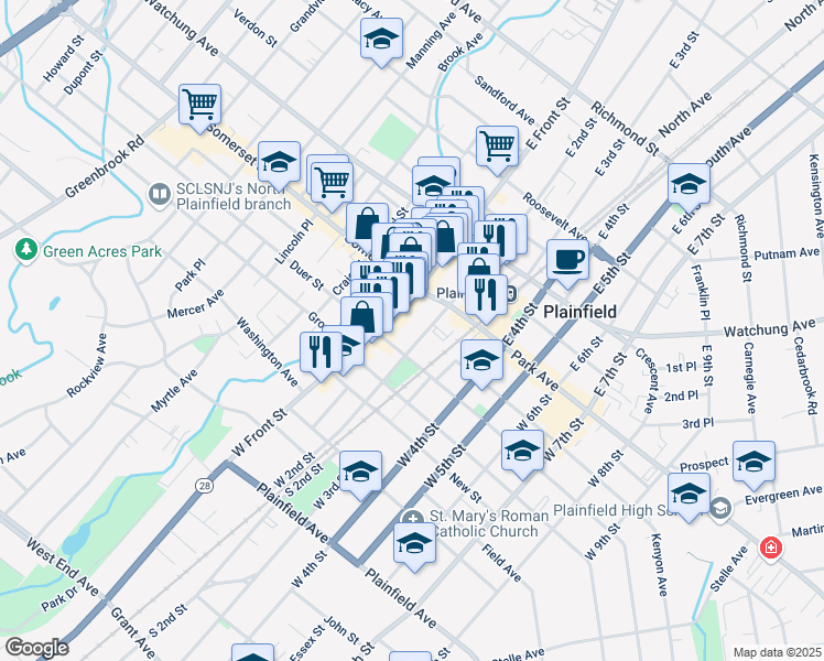 map of restaurants, bars, coffee shops, grocery stores, and more near 215 West 2nd Street in Plainfield