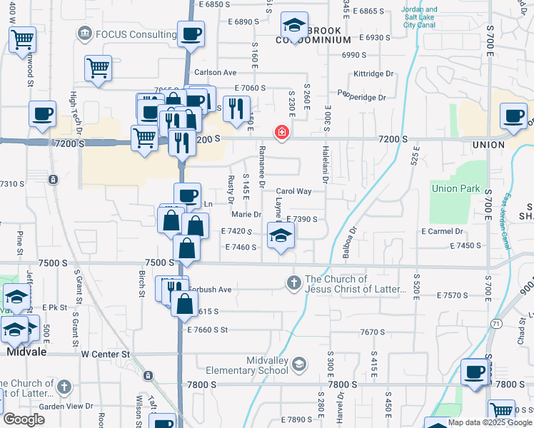 map of restaurants, bars, coffee shops, grocery stores, and more near 7377 Ramanee Drive in Midvale