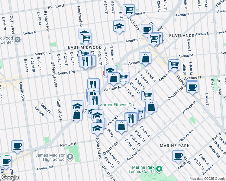 map of restaurants, bars, coffee shops, grocery stores, and more near 3404 Avenue N in Brooklyn